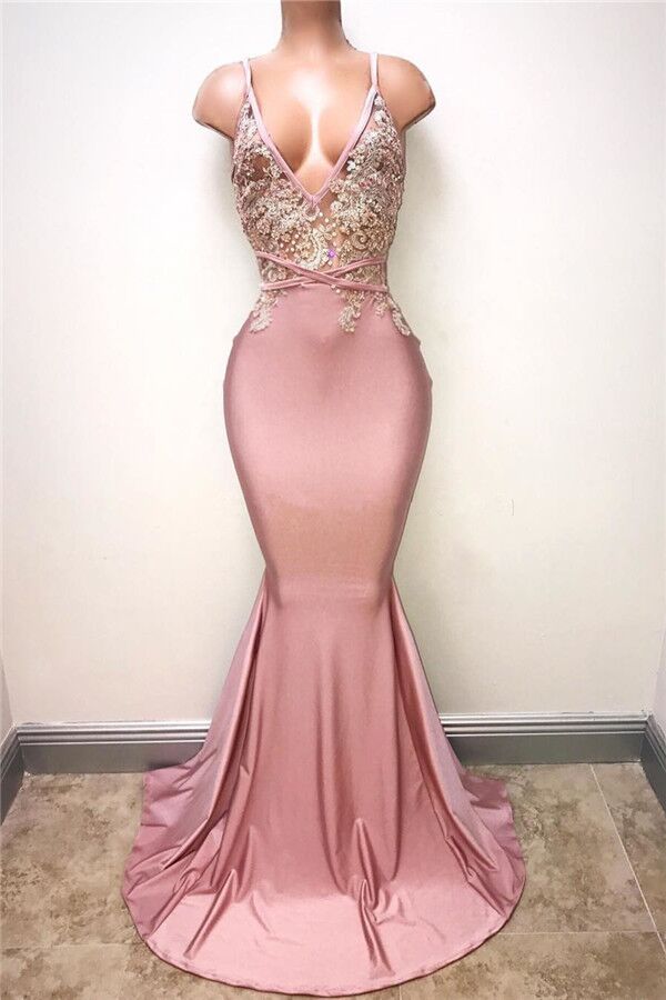 Sexy Lace-Appliques Sleeveless Mermaid Spaghettis-Strap Evening Gowns