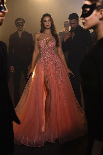 Sexy Long A-line Pink Sleeveless One-Shoulder Tulle Prom Dresses With Rhinestone