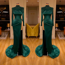 Sexy Long Dark Green High Neck Long Sleeves Beading Prom Dress With Slit