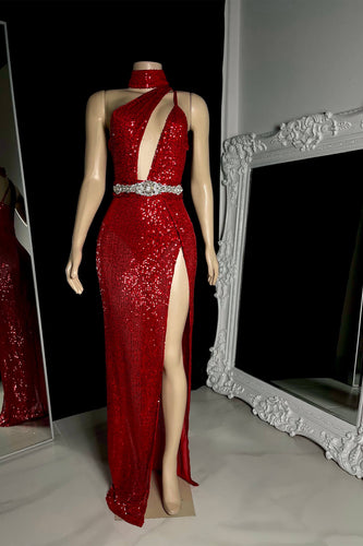 Sexy Long Mermaid Sleeveless Split Front Prom Dress With Beading