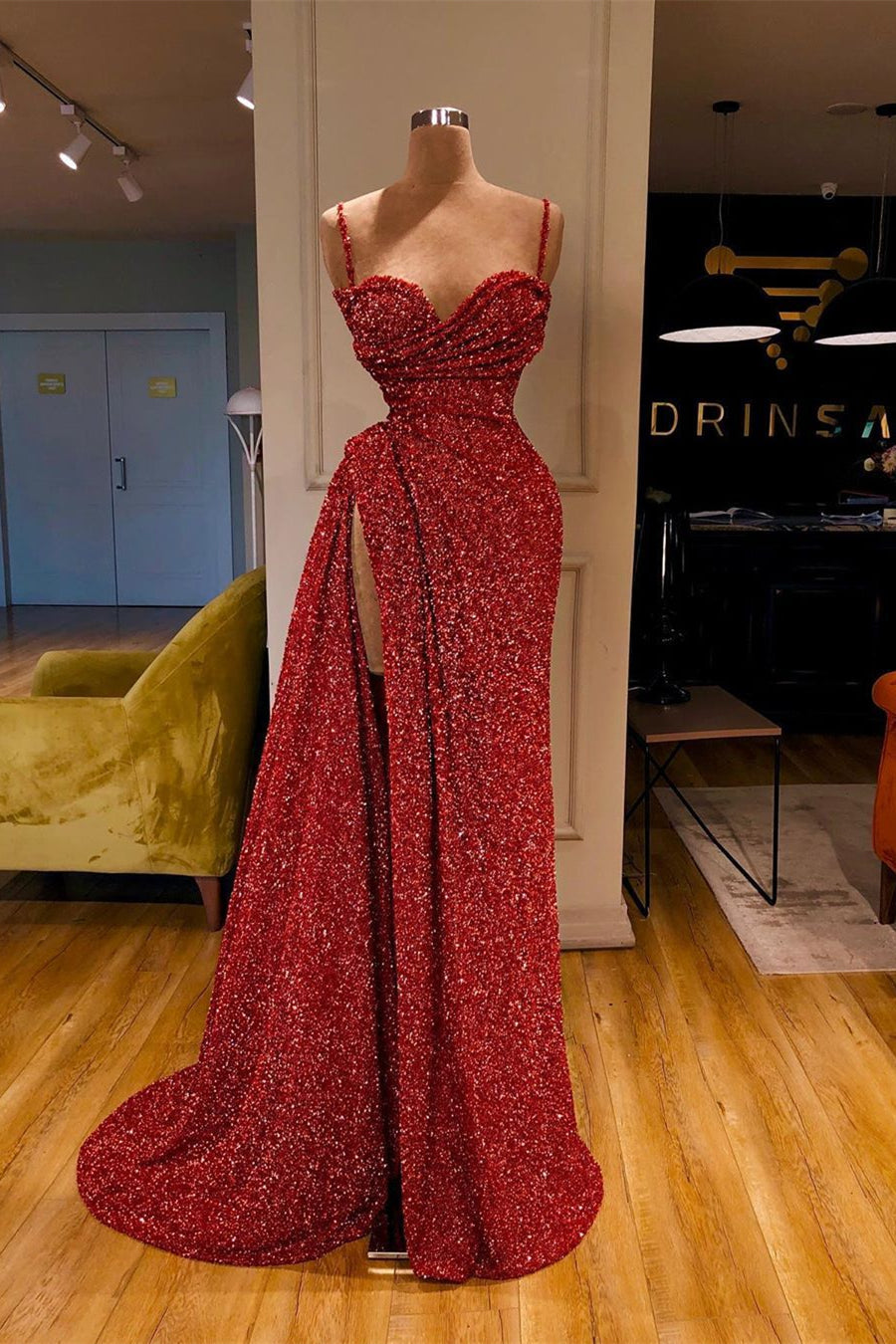 Sexy Long Mermaid Spaghetti Straps Sequins Prom Dress With Slit