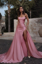 Sexy Long Mermaid Strapless Ruched Satin Formal Prom Dress with Slit