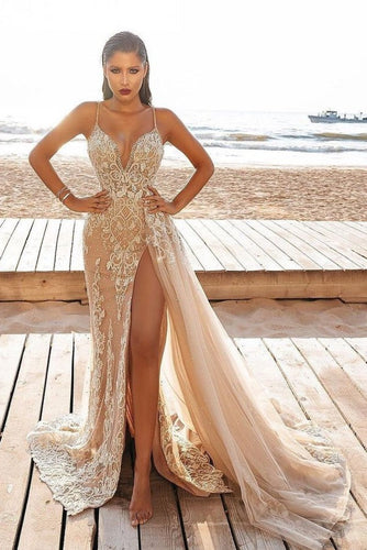 Sexy Long Mermaid V-neck Lace Tulle Prom Dress with Slit