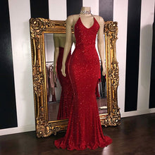Sexy Mermaid Halter Sequins Red Long Prom Dresses