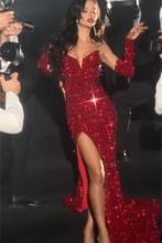 Sexy Red V-neck Sleeveless Sequined Split Front Mermaid Prom Dress