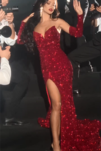 Sexy Red V-neck Sleeveless Sequined Split Front Mermaid Prom Dress