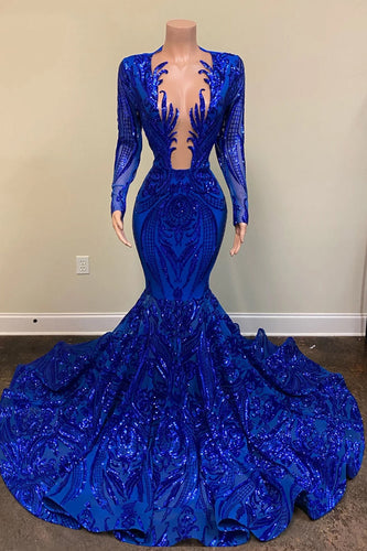 Sexy Royal Blue Long Mermaid V Neck Prom Dresses with Sleeves