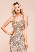 Sexy Sleeveless Mermaid Prom Gown Sparkly Gold Pattern Floor Length Straps Evening Dress