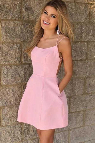 Sexy Spaghetti Straps Short Pink Homecoming Dress with Pockets PD102