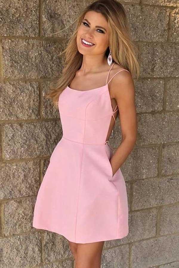 Sexy Spaghetti Straps Short Pink Homecoming Dress with Pockets PD102
