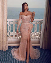 Sexy Sparkly Champagne Rose One-shoulder Side-slit Mermaid Long Prom Dresses