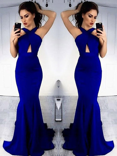 Sheath Halter Sleeveless With Ruched Satin Prom Dresses