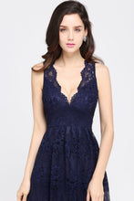 Sheath V-neck Floor-length Lace Navy Blue Prom Dress