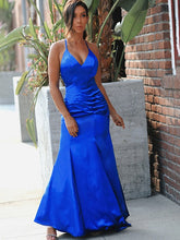 Sheath/Column Elastic Woven Satin V-neck Sleeveless Ruched Prom Dresses