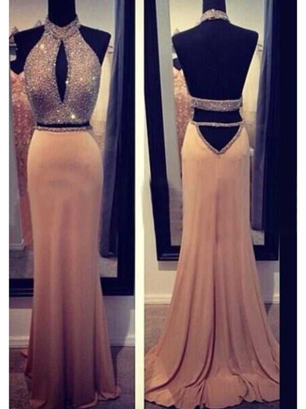 Sheath/Column Halter Sleeveless Beading Chiffon Prom Dresses