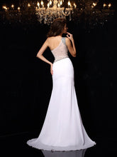 Sheath/Column One-Shoulder Beading Sleeveless Long Chiffon Prom Dresses