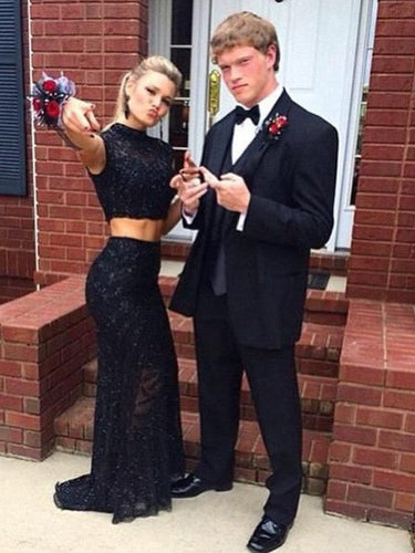 Sheath/Column Sleeveless High Neck Lace Two Piece Prom Dresses