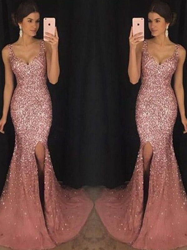 Sheath/Column Sweetheart Sleeveless Sequin Tulle Prom Dresses
