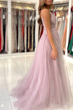 Shimmers Pink Spaghettistraps Sleeveless Column Tulle Floor-Length Prom Dresses with Beadings