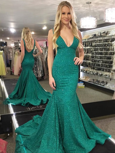 Shiny Long Mermaid V Neck Backless Prom Formal Evening Dresses with Train