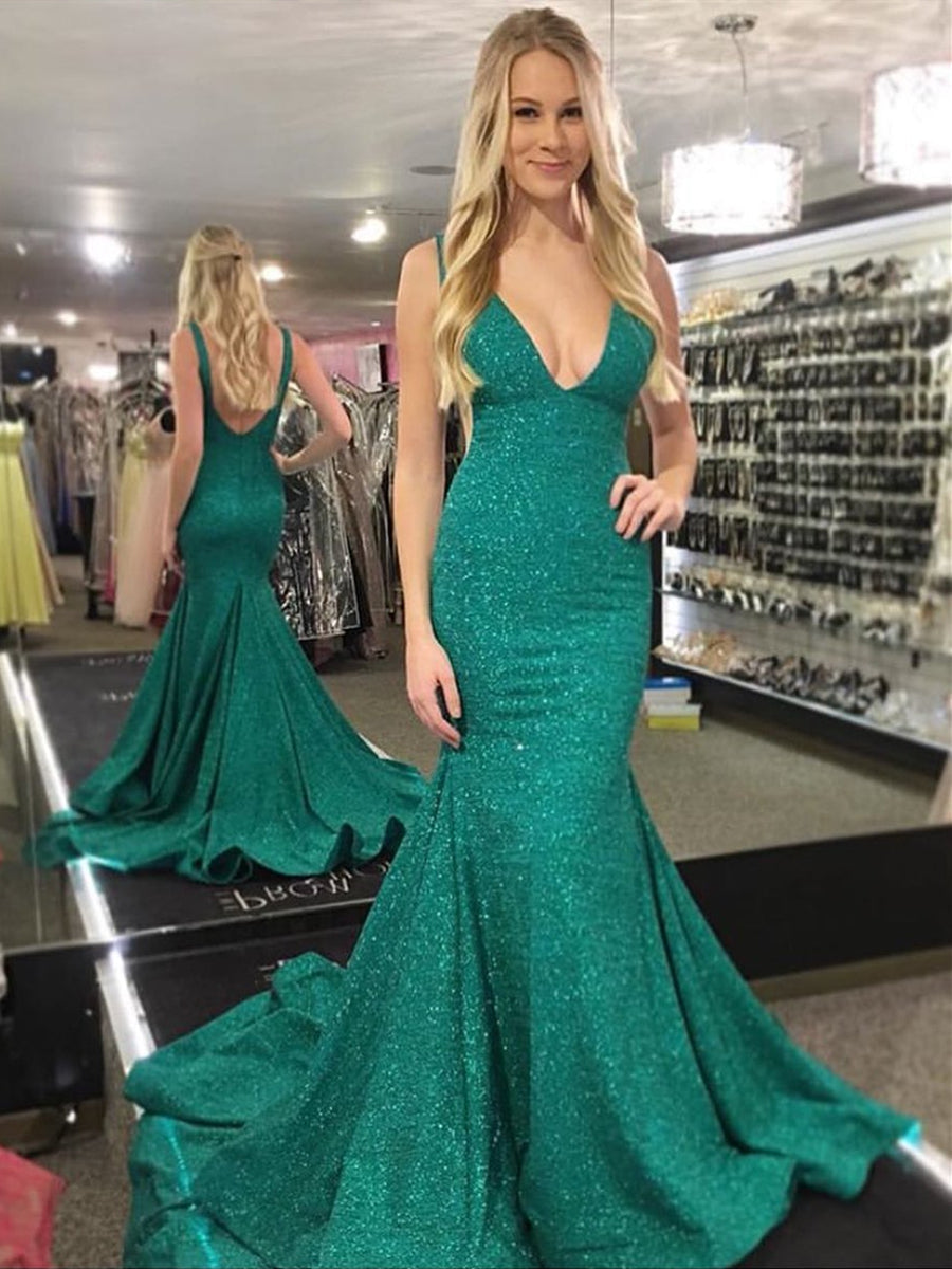 Shiny Long Mermaid V Neck Backless Prom Formal Evening Dresses with Train
