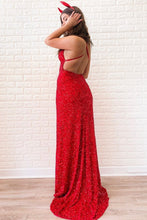 Shiny Red Long Mermaid V-neck Sequined Backless Formal Prom Dresses