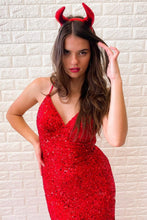 Shiny Red Long Mermaid V-neck Sequined Backless Formal Prom Dresses