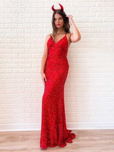 Shiny Red Long Mermaid V-neck Sequined Backless Formal Prom Dresses