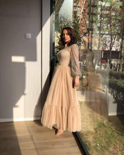 Short A-line Bateau Sequins Tea-length Tulle Prom Dresses with Sleeves