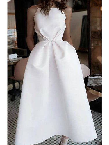 Short A-line Jewel Neck Satin Spaghetti Strap Formal Dresses with Pockets