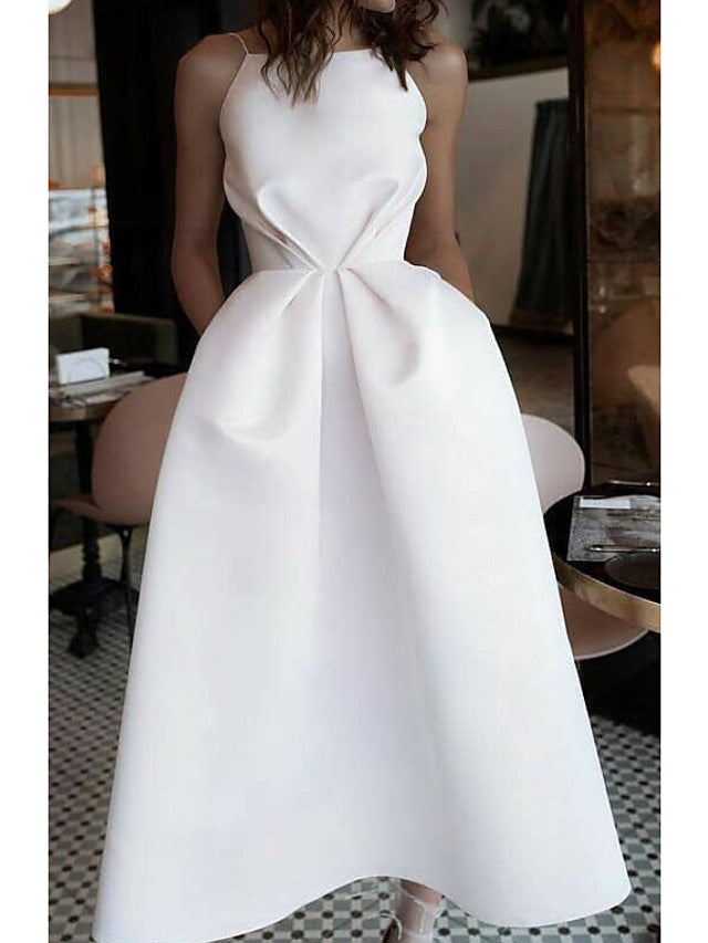 Short A-line Jewel Neck Satin Spaghetti Strap Formal Dresses with Pockets