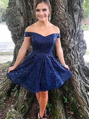 Short A-line Off the Shoulder Lace Prom Formal Homecoming Dresses