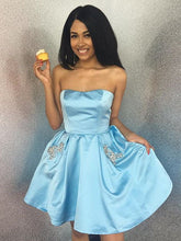 Short A-line Strapless Beading Satin Homecoming Dress with Pockets