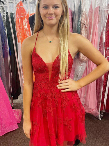 Short A-line V Neck Backless Lace Prom Dresses Red Formal Homecoming Dresses