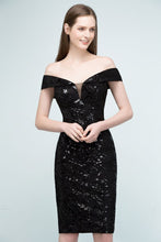 Short Sequined Sheath Off-shoulder Black Prom Dresses
