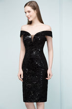 Short Sequined Sheath Off-shoulder Black Prom Dresses