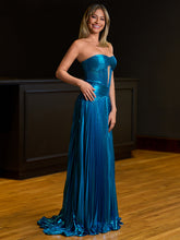 Sileas | Turquoise Sweetheart Metallic Pleated Long Formal Dress With Slit