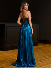 Sileas | Turquoise Sweetheart Metallic Pleated Long Formal Dress With Slit