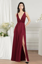 Simple A-line V-neck Backless Long Prom Dress With Slit