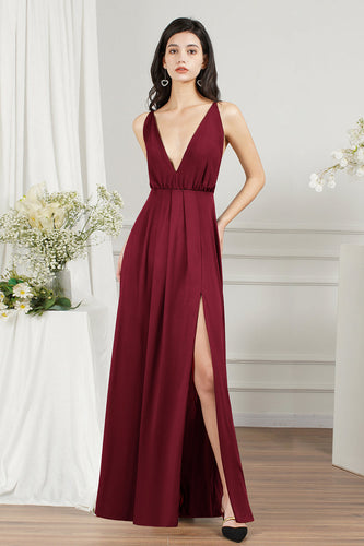 Simple A-line V-neck Backless Long Prom Dress With Slit