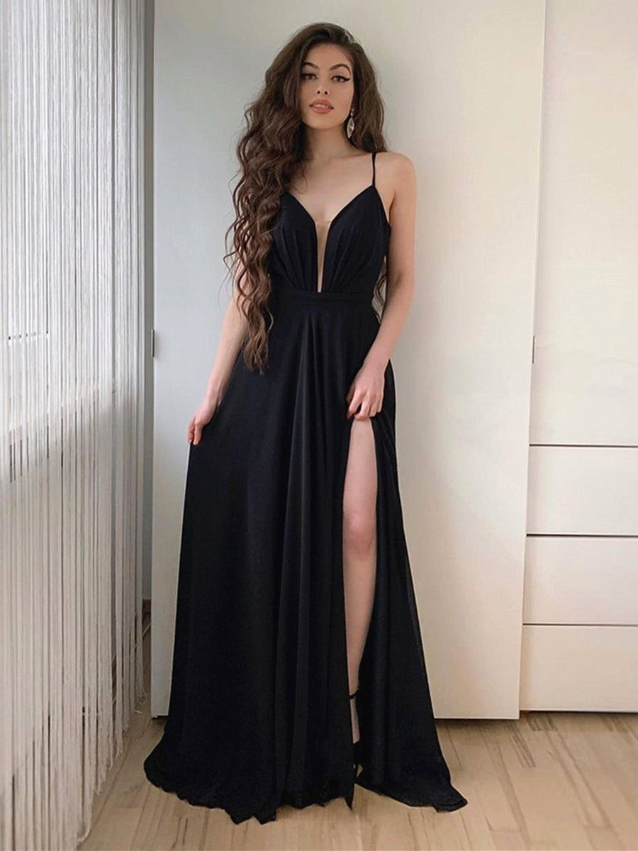 Simple A Line V Neck Long Black Chiffon Prom Dresses with High Slit