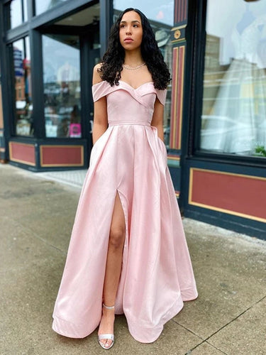 Simple Long A-line Off Shoulder Satin Fornt Slit Prom Dresses with Pockets