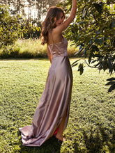 Simple Long A-line Spaghetti Straps Satin Open Back Prom Dresses with Leg Slit