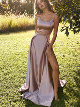 Simple Long A-line Spaghetti Straps Satin Open Back Prom Dresses with Leg Slit