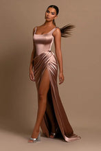 Simple Long A-line Straps Satin Sleeveless Prom Dress With Slit