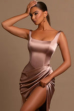 Simple Long A-line Straps Satin Sleeveless Prom Dress With Slit