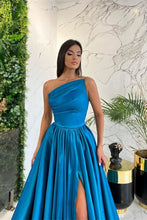 Simple Long Blue A-line One Shoulder Sleeveless Evening Dresses With Slit