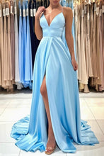 Simple Long Blue A-line V-neck Sleeveless Satin Evening Dress With Slit