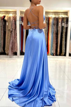 Simple Long Blue V-neck Spaghetti Straps Satin Evening Dresses With Slit