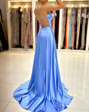 Simple Long Blue V-neck Spaghetti Straps Satin Evening Dresses With Slit